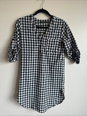 Depri Black & White Gingham Roll-Sleeve Tunic Top
